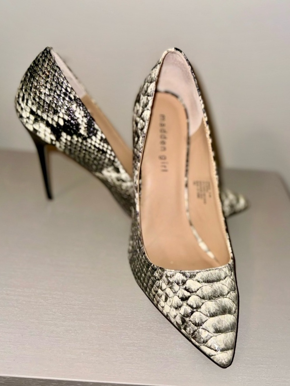 Madden Girl Snake-Print Pointed Toe Heels in Black & White
